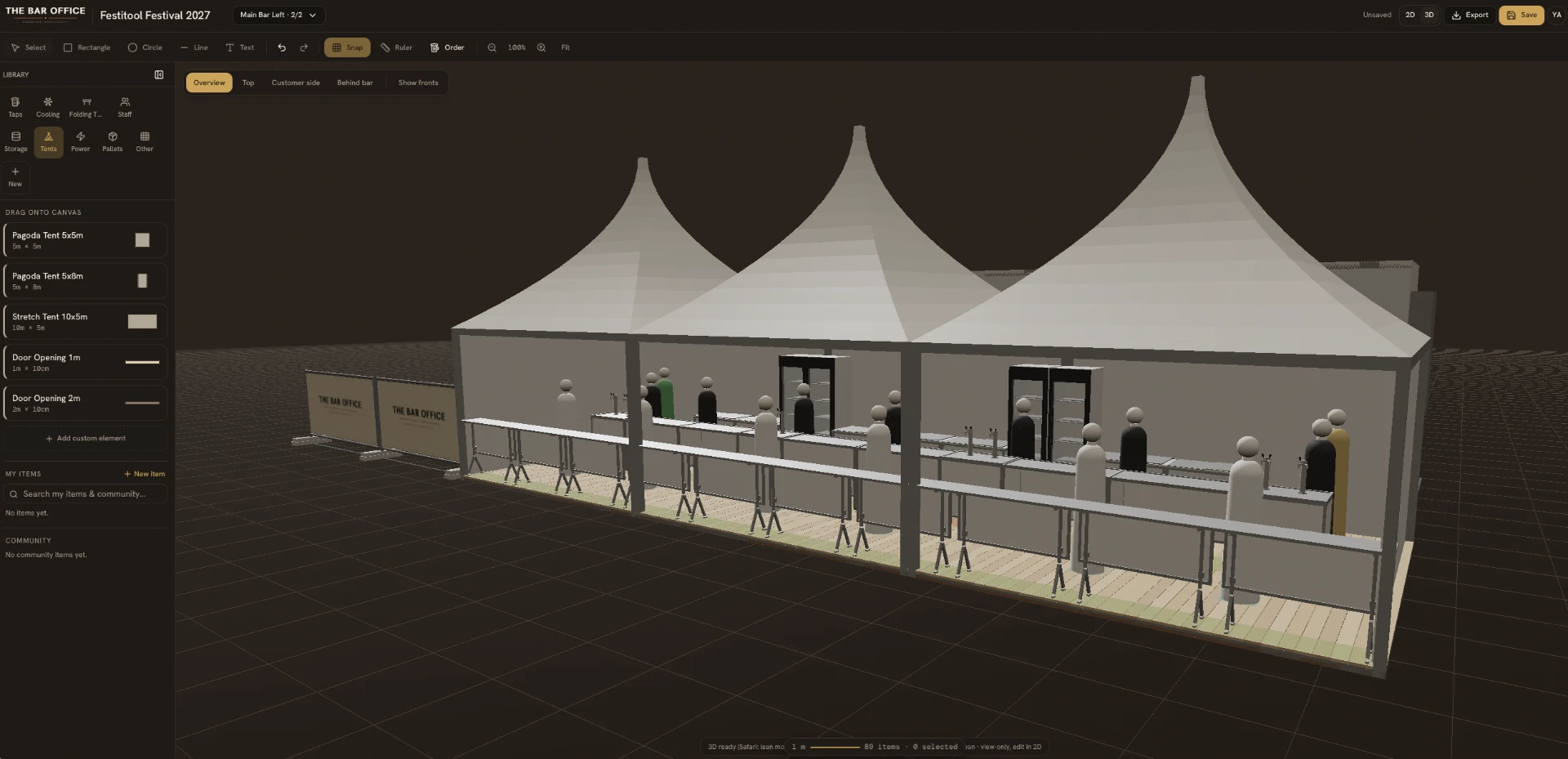 Festitool — 3D-weergave van een festivalbar met tenten, taps en personeel